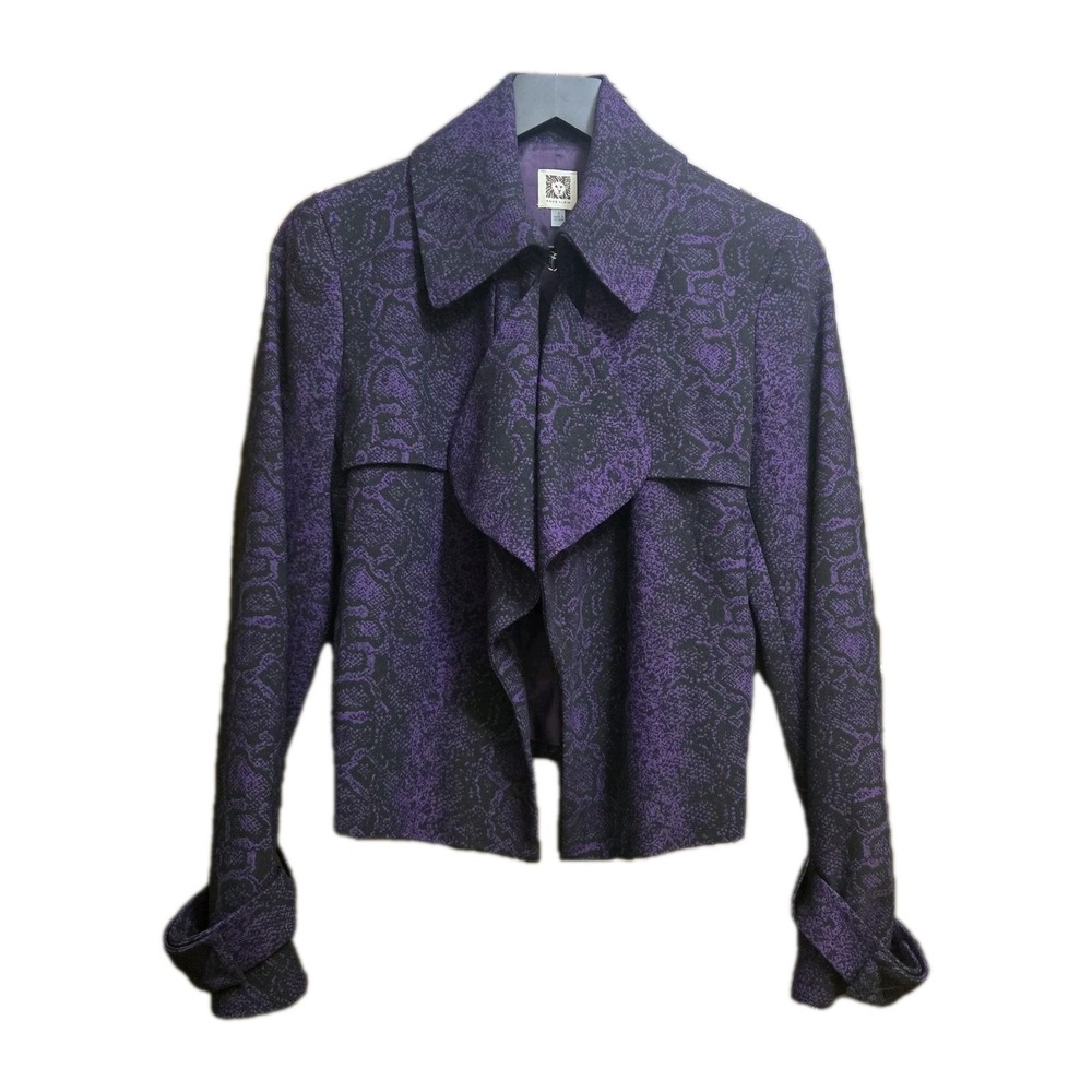 Anne Klein Purple Snakeskin Draped Blazer Jacket Bow Cuffs Size 4 Hook-and-Eye‎